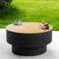 OutVue 26 inch wood-burning fire pit in light wood grain and black, with cooking grate, log grate and lid