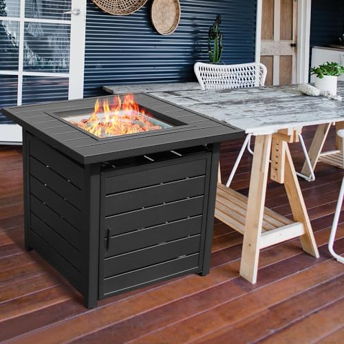 OutVue 28 inch black propane fire pit table with metal lid