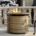 OutVue 32 inch propane fire pit table, cylinder shape, light grey metal top with a wicker-style side panel