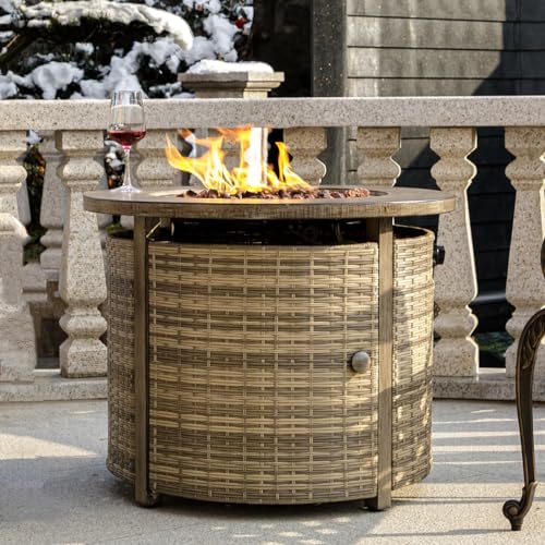 OutVue 32 inch propane fire pit table, cylinder shape, light grey metal top with a wicker-style side panel