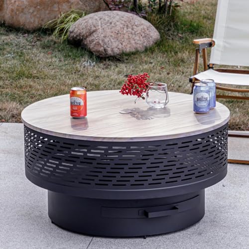 OutVue 32 inch wood-burning fire pit in light wood grain and black, with cooking grate, log grate and lid