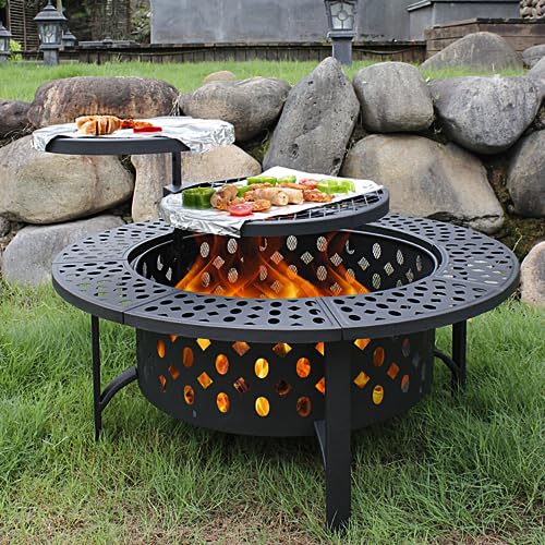 OutVue 36 inch wood-burning fire pit in black with a geometric cut-out design, 2 grills and a rain cover