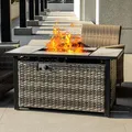 OutVue 47 inch propane fire pit table with a real ceramic tabletop and rattan-style base