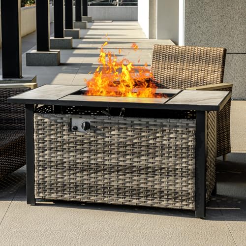OutVue 47 inch propane fire pit table with a real ceramic tabletop and rattan-style base